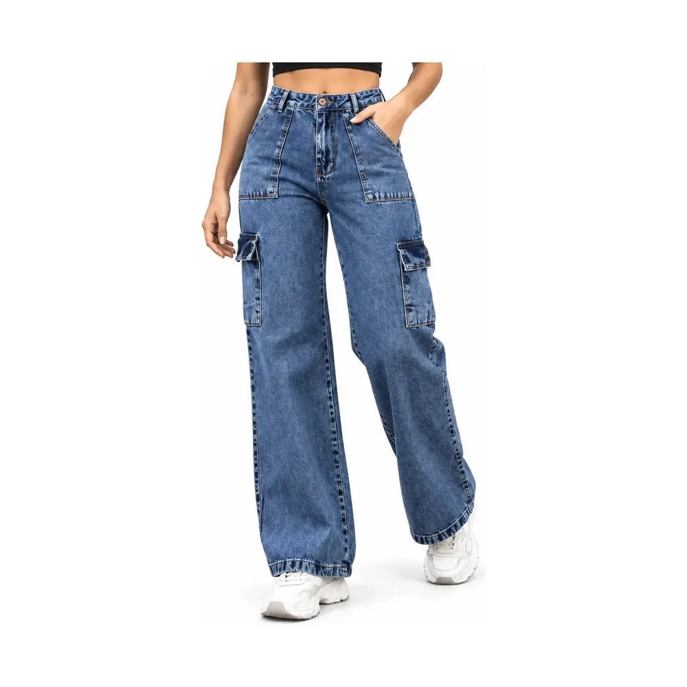 Calça Cargo Wide Leg Jeans Feminina Cintura Alta